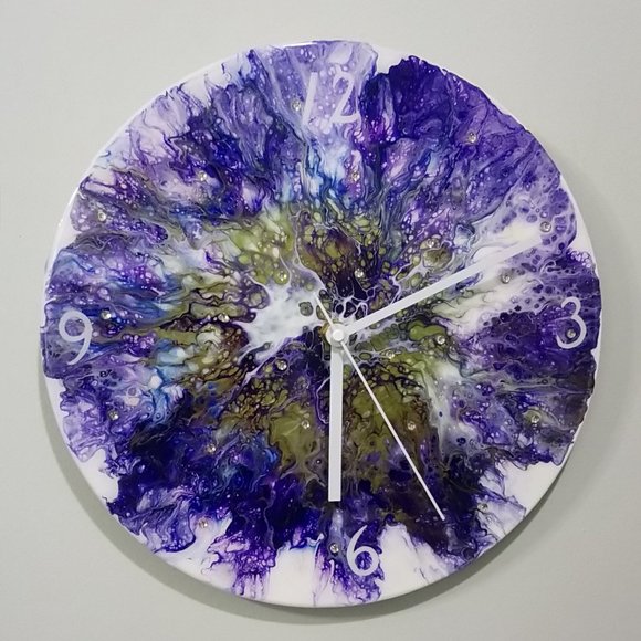 Hand Crafted Resin Clock Fluid Art Bling Purple Olive Green Rhinestones - Picture 1 of 11